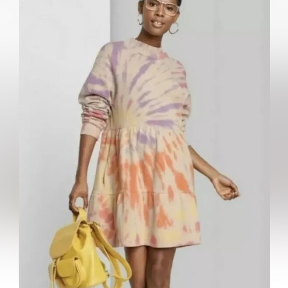New Wild Fable Large Tye Dye Long Sleeve Babydoll Sweatshirt Cotton Dress (C) - Picture 3 of 7